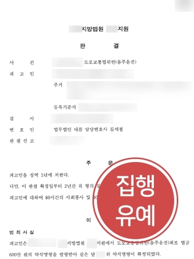 군산형사사건변호사 | 도로교통법 위반으로 처벌 위기 의뢰인, 집행유예 선고